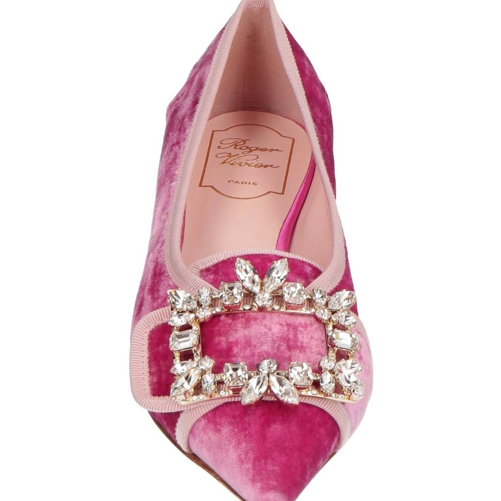 Roger Vivier Pink Velvet Flats with Crystal Detail